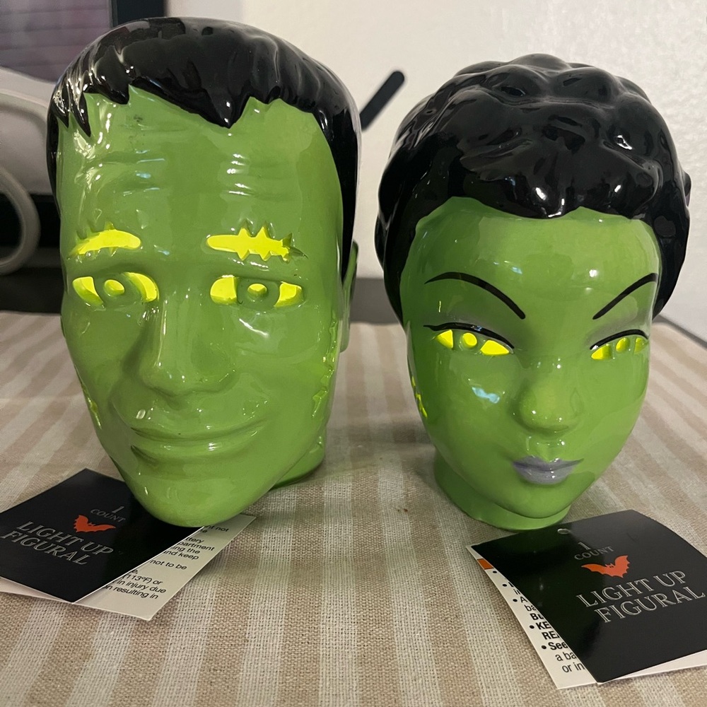 Green Ceramic Frankenstein and Bride Figurines